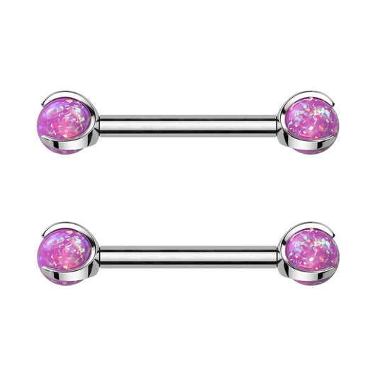 Internally Threaded Claw Set Synthetic Opal Ball Nipple Barbells - F136 Implant Grade Titanium - Pair