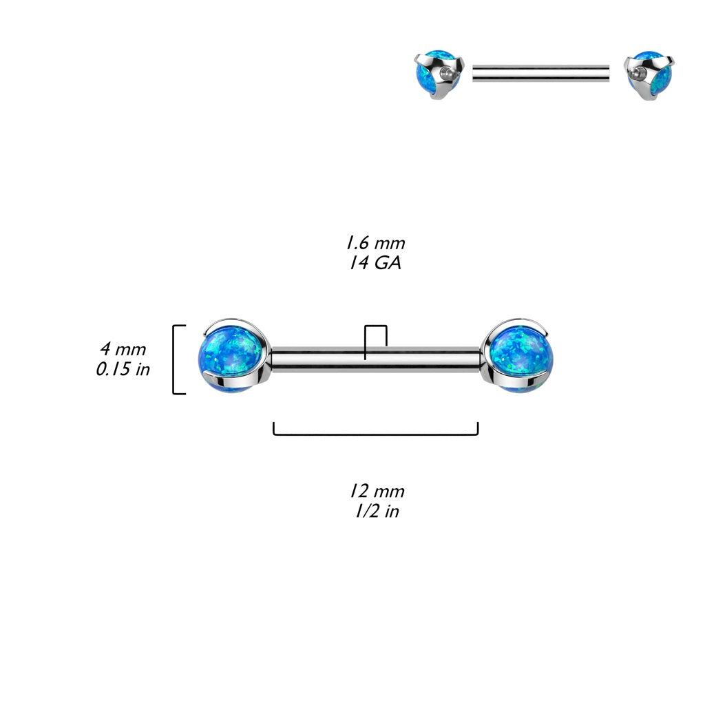 Internally Threaded Claw Set Synthetic Opal Ball Nipple Barbells - F136 Implant Grade Titanium - Pair