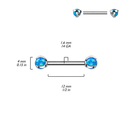 Internally Threaded Claw Set Synthetic Opal Ball Nipple Barbells - F136 Implant Grade Titanium - Pair