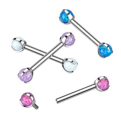 Internally Threaded Claw Set Synthetic Opal Ball Nipple Barbells - F136 Implant Grade Titanium - Pair