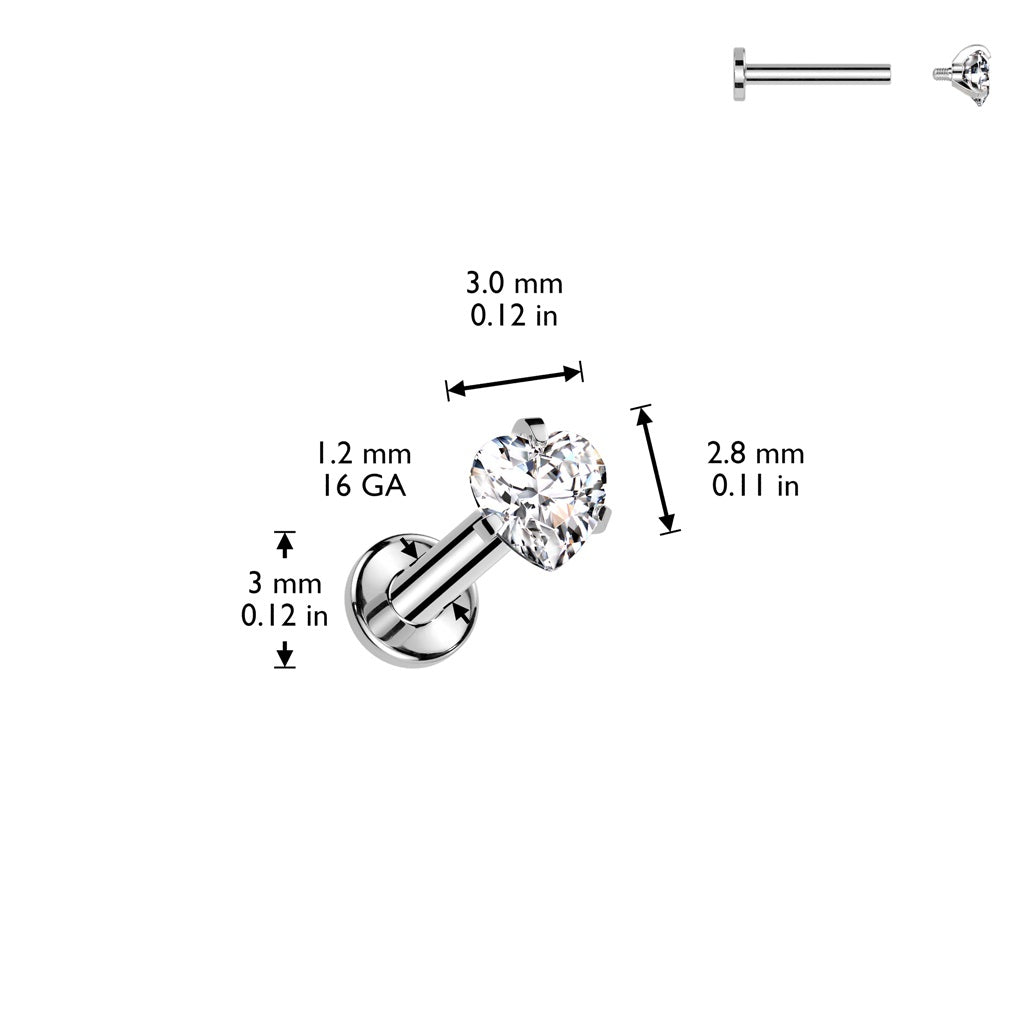 Internally Threaded CZ Crystal Heart Flat Back Stud - ASTM F-136 Implant Grade Titanium