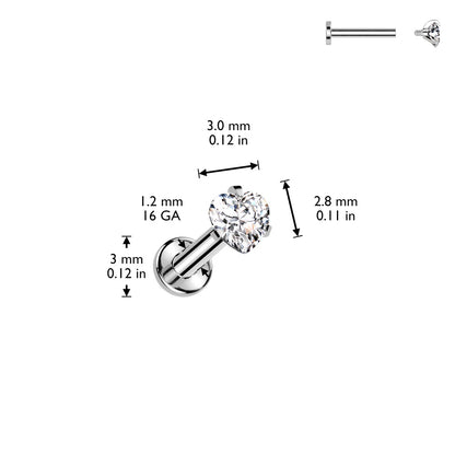 Internally Threaded CZ Crystal Heart Flat Back Stud - ASTM F-136 Implant Grade Titanium