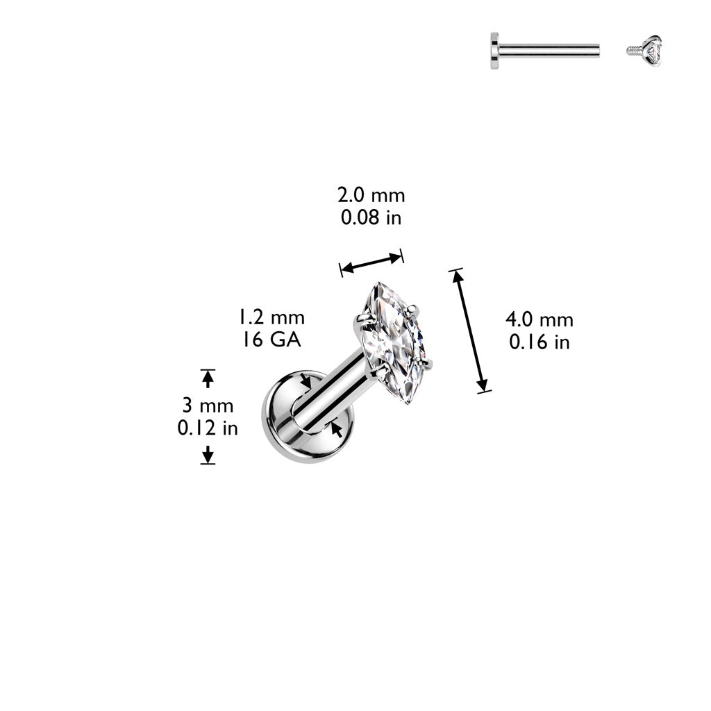 Internally Threaded CZ Crystal Marquise Flat Back Stud - ASTM F-136 Implant Grade Titanium