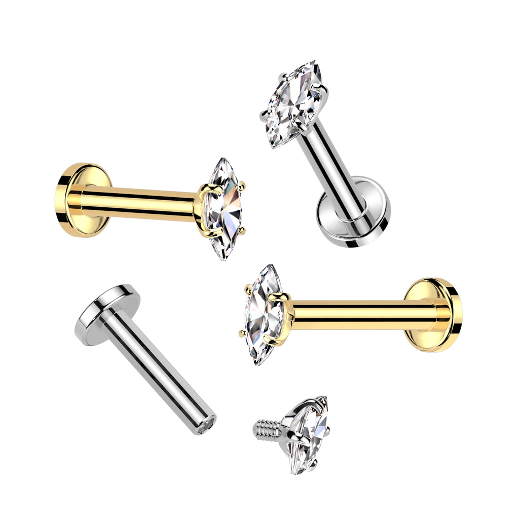 Internally Threaded CZ Crystal Marquise Flat Back Stud - ASTM F-136 Implant Grade Titanium