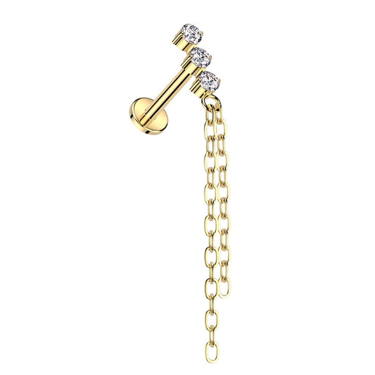 Internally Threaded Triple CZ Crystal with Double Dangling Chains Flat Back Stud - ASTM F-136 Implant Grade Titanium