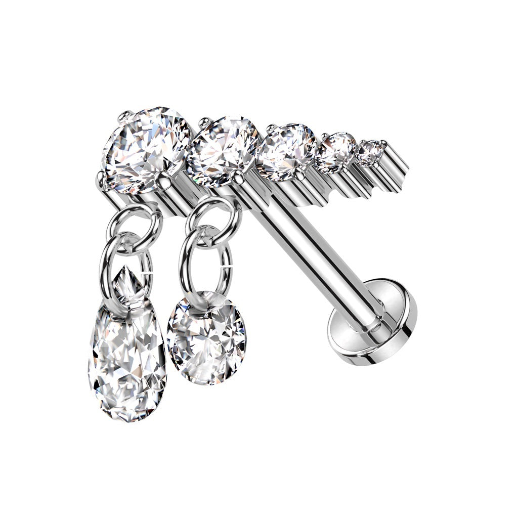 Internally Threaded Descending CZ Crystals with Dangling Gems Flat Back Stud - ASTM F-136 Implant Grade Titanium