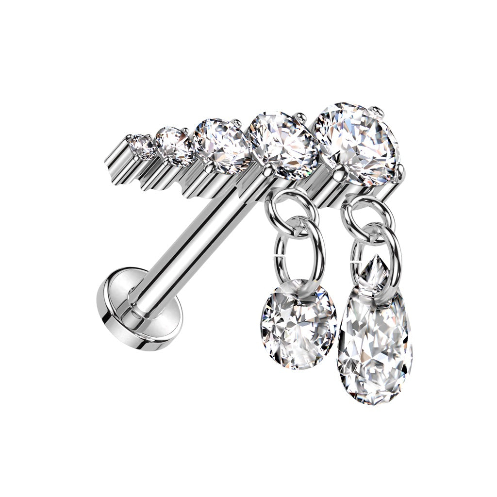 Internally Threaded Descending CZ Crystals with Dangling Gems Flat Back Stud - ASTM F-136 Implant Grade Titanium