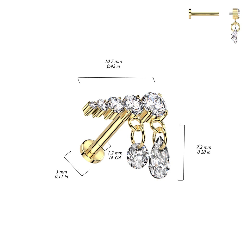 Internally Threaded Descending CZ Crystals with Dangling Gems Flat Back Stud - ASTM F-136 Implant Grade Titanium