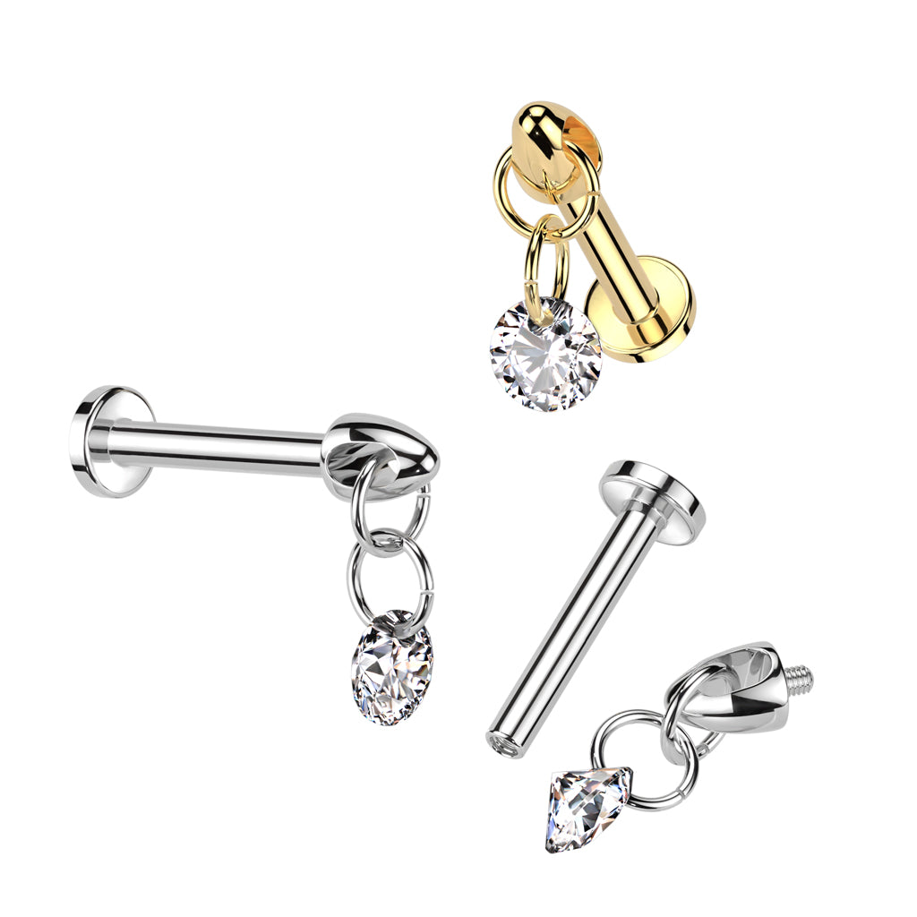 Internally Threaded Dangling CZ Crystal Gem Flat Back Stud - 16GA ASTM F-136 Implant Grade Titanium