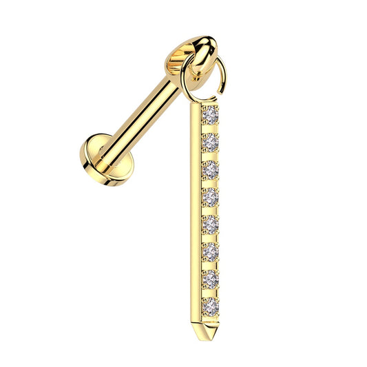 Internally Threaded Dangling CZ Crystal Lined Bar Flat Back Stud - ASTM F-136 Implant Grade Titanium