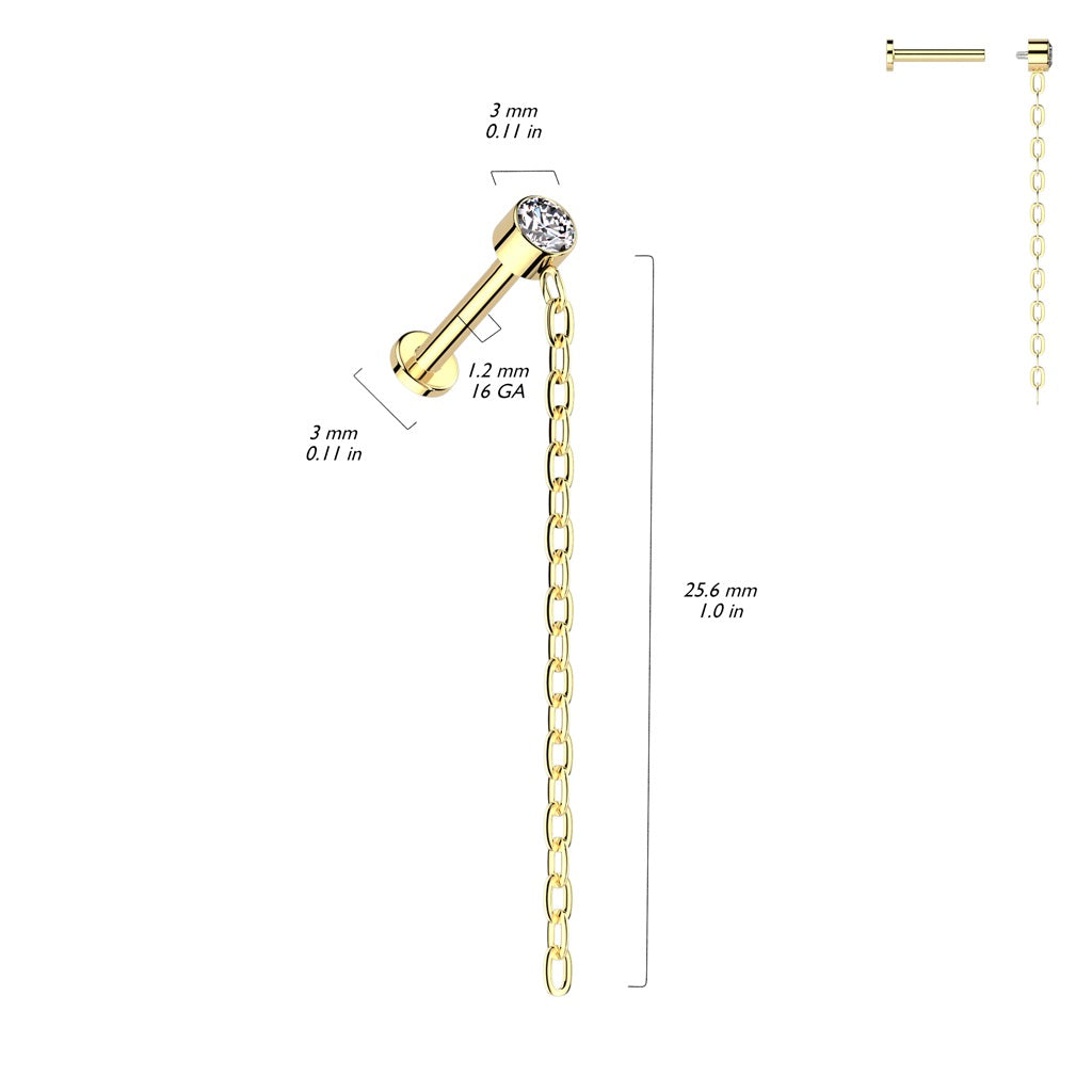 Internally Threaded Round CZ Crystal with Long Dangling Chain Flat Back Stud - ASTM F-136 Implant Grade Titanium