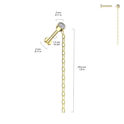 Internally Threaded Round CZ Crystal with Long Dangling Chain Flat Back Stud - ASTM F-136 Implant Grade Titanium