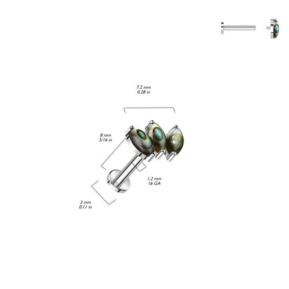 Internally Threaded Triple Marquise Natural Stone Flat Back Stud - ASTM F-136 Implant Grade Titanium