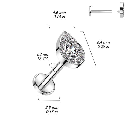 Internally Threaded CZ Crystal Teardrop Flat Back Stud - ASTM F-136 Implant Grade Titanium