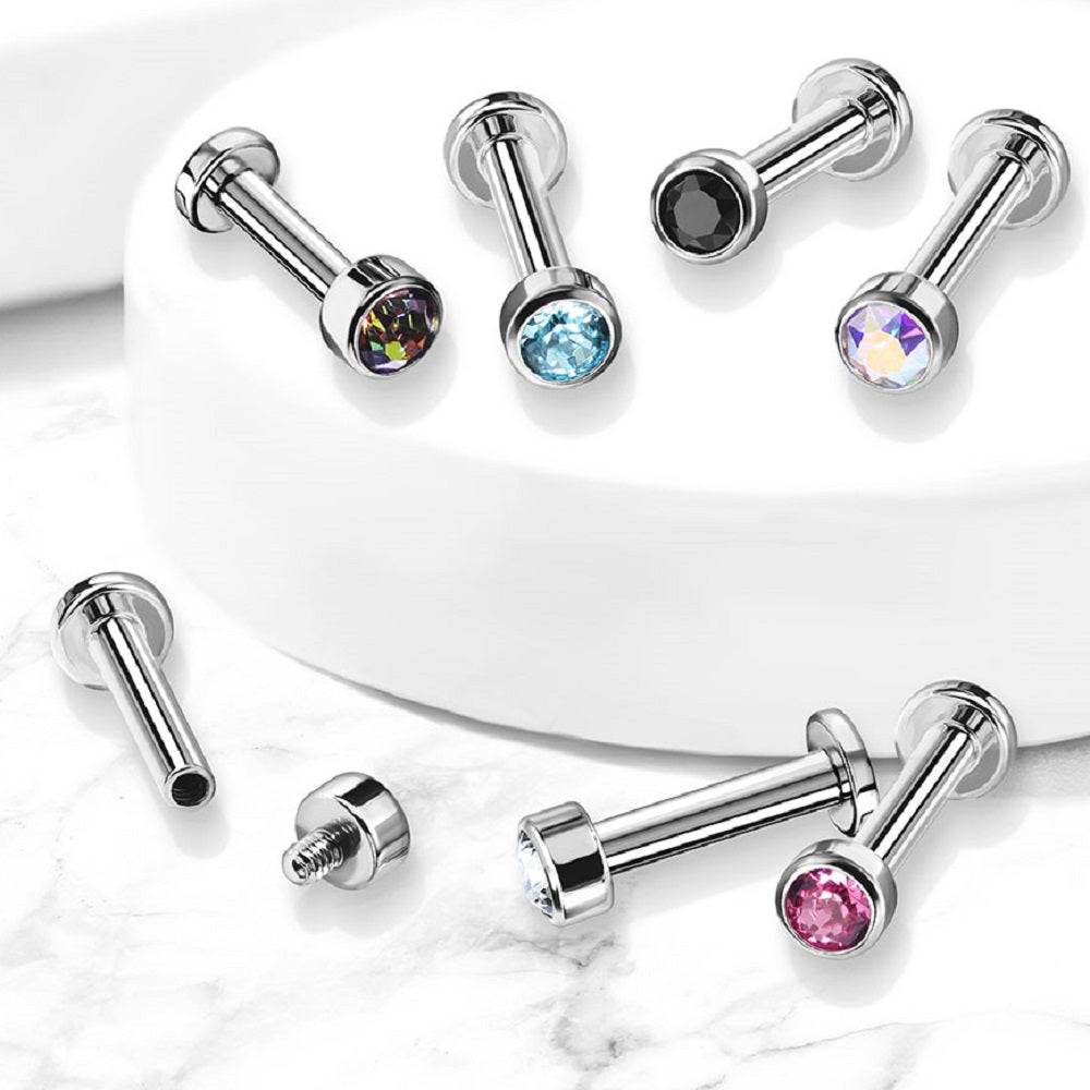 Internally Threaded Bezel Set CZ Crystal Labret Monroe Lip Cartilage Helix Tragus Stud - G23 Implant Grade Titanium