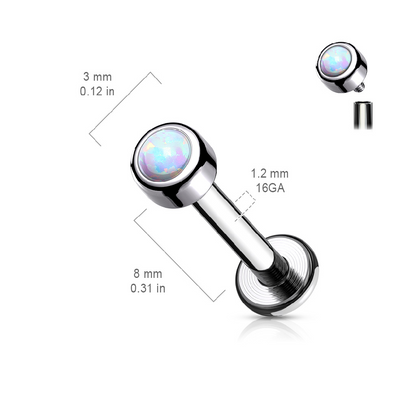 Bezel Set Round Synthetic Opal Internally Threaded Lip Cartilage Tragus Stud - G23 Implant Grade Titanium