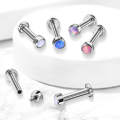 Bezel Set Round Synthetic Opal Internally Threaded Lip Cartilage Tragus Stud - G23 Implant Grade Titanium