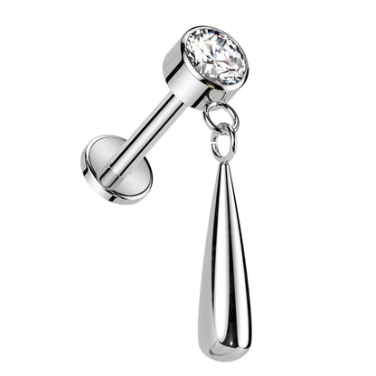 Internally Threaded CZ Crystal with Dangling Teardrop Flat Back Stud - ASTM F-136 Implant Grade Titanium