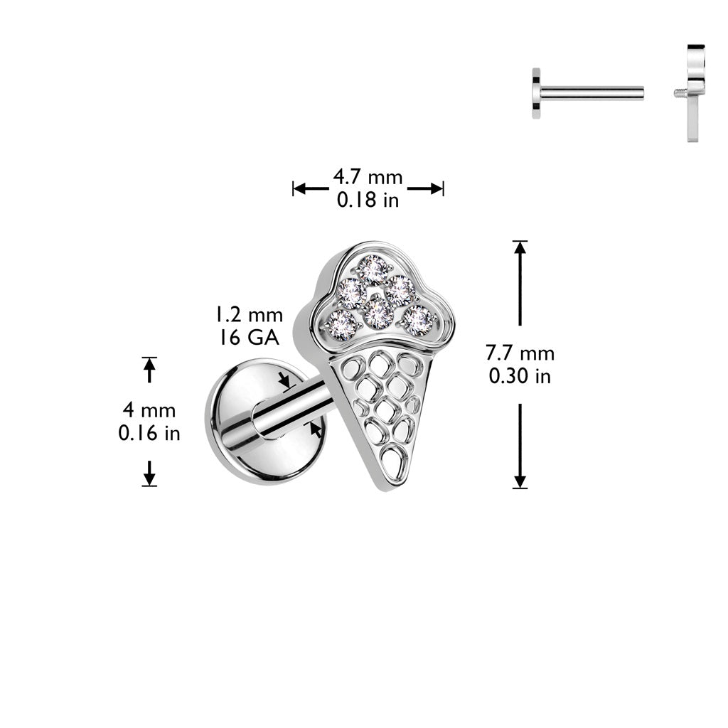 Internally Threaded CZ Crystal Paved Ice Cream Cone Flat Back Stud - ASTM F-136 Implant Grade Titanium