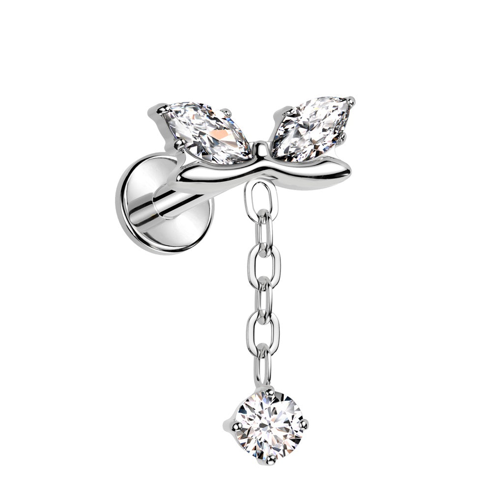 Internally Threaded CZ Crystal Bow with Dangling Gem Chain Flat Back Stud - ASTM F-136 Implant Grade Titanium