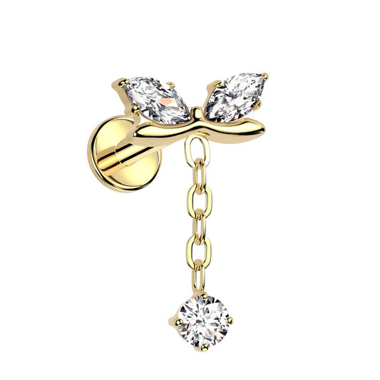 Internally Threaded CZ Crystal Bow with Dangling Gem Chain Flat Back Stud - ASTM F-136 Implant Grade Titanium