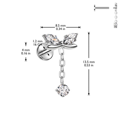 Internally Threaded CZ Crystal Bow with Dangling Gem Chain Flat Back Stud - ASTM F-136 Implant Grade Titanium