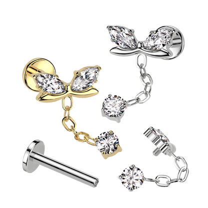 Internally Threaded CZ Crystal Bow with Dangling Gem Chain Flat Back Stud - ASTM F-136 Implant Grade Titanium