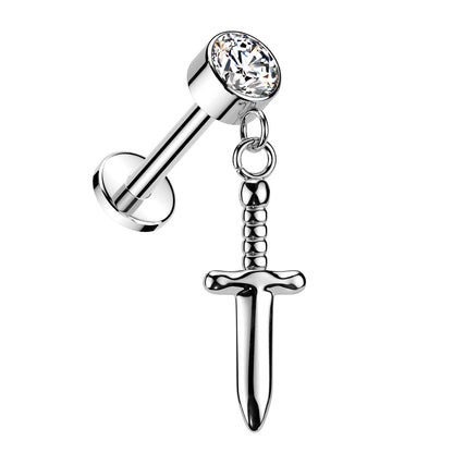 Internally Threaded CZ Crystal with Dangling Dagger Flat Back Stud - ASTM F-136 Implant Grade Titanium