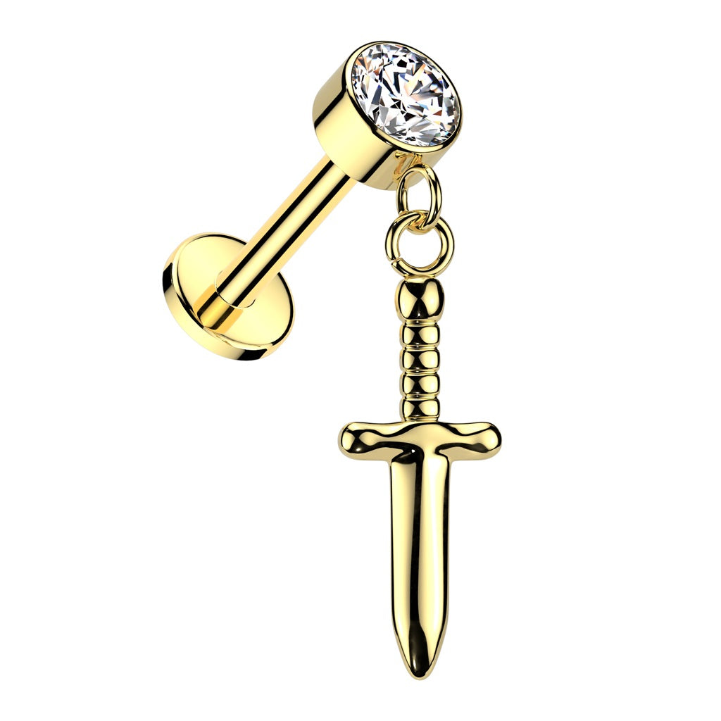 Internally Threaded CZ Crystal with Dangling Dagger Flat Back Stud - ASTM F-136 Implant Grade Titanium