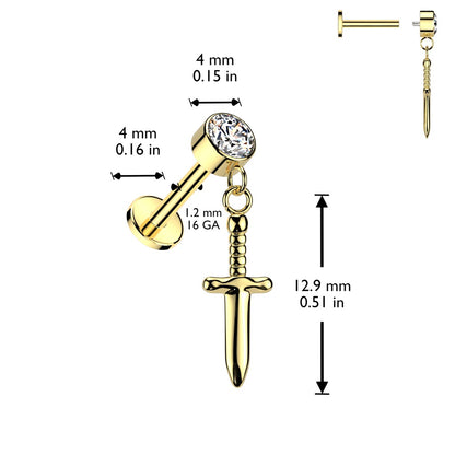 Internally Threaded CZ Crystal with Dangling Dagger Flat Back Stud - ASTM F-136 Implant Grade Titanium