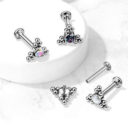 Internally Threaded CZ Crystal Triple Ball Cluster Flat Back Labret Stud - G23 Implant Grade Titanium