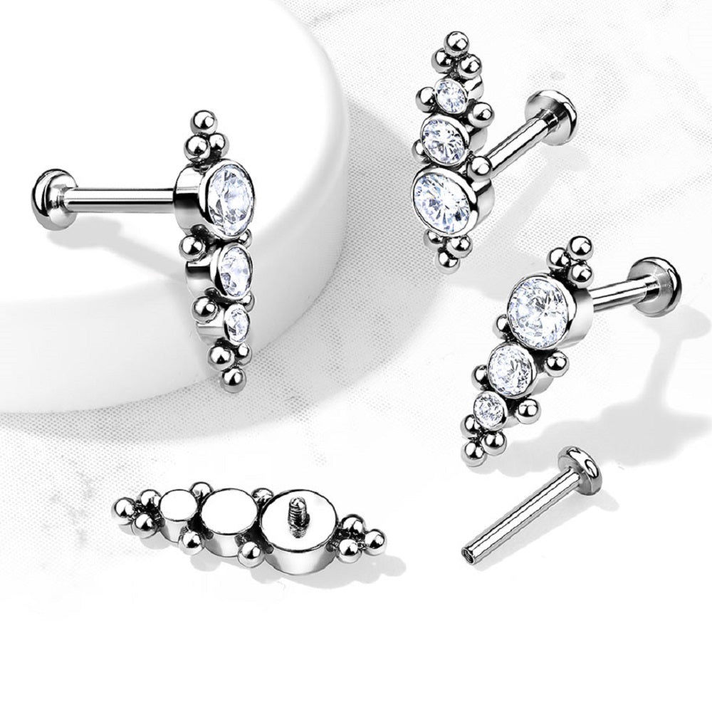 Internally Threaded Descending Triple Round CZ Crystal and Ball Clusters Flat Back Labret Stud - G23 Implant Grade Titanium