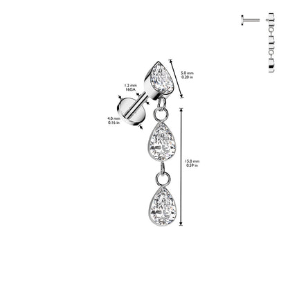 Internally Threaded Triple Dangling CZ Crystal Teardrop Flat Back Stud - ASTM F-136 Implant Grade Titanium