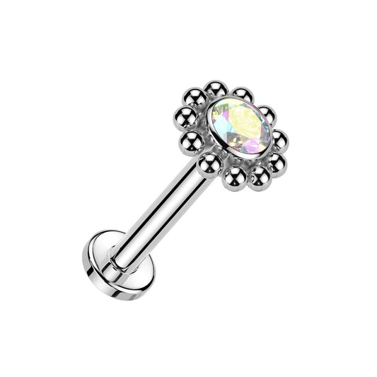 Internally Threaded CZ Crystal Center Flower with Beaded Edge Flat Back Stud - ASTM F-136 Implant Grade Titanium