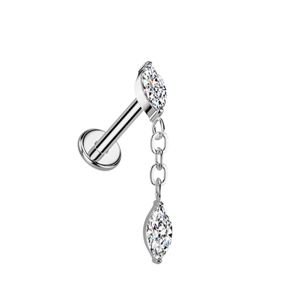 Internally Threaded CZ Crystal Marquise with Dangling Marquise Flat Back Stud - ASTM F-136 Implant Grade Titanium