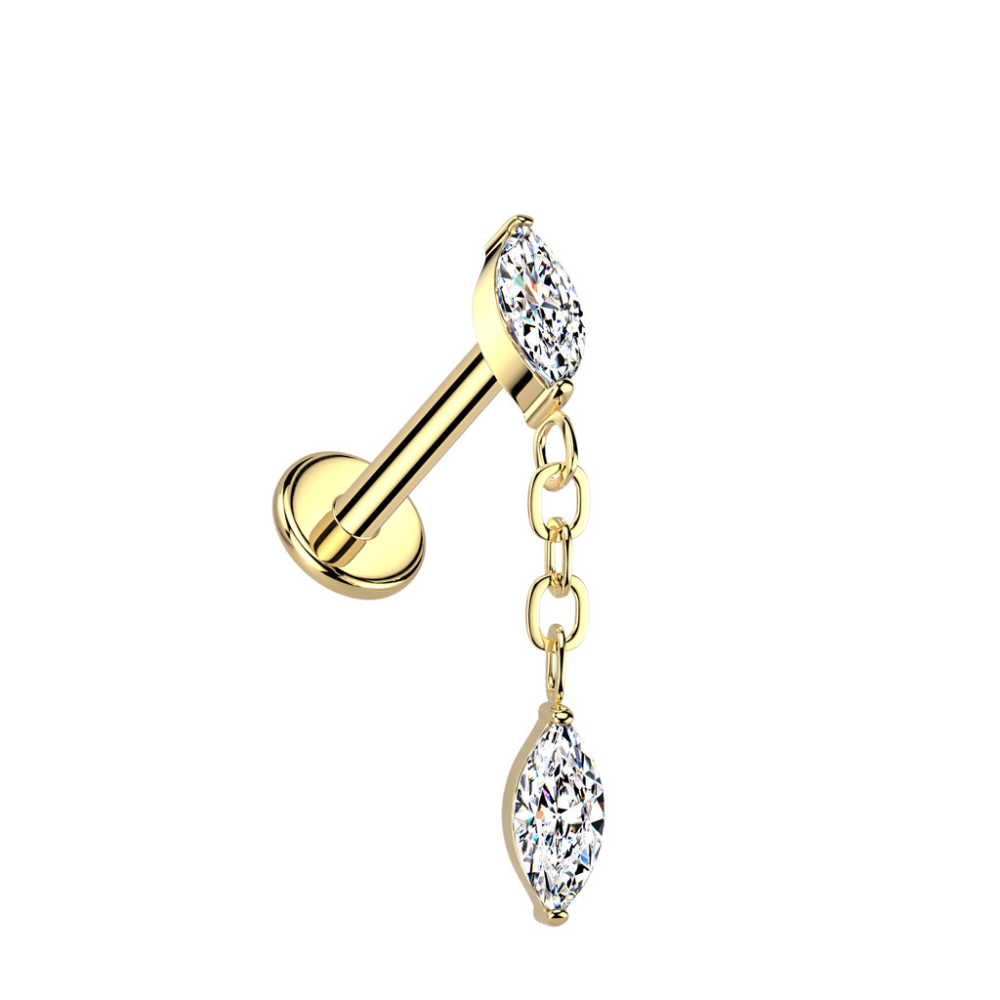 Internally Threaded CZ Crystal Marquise with Dangling Marquise Flat Back Stud - ASTM F-136 Implant Grade Titanium