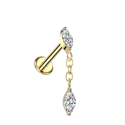 Internally Threaded CZ Crystal Marquise with Dangling Marquise Flat Back Stud - ASTM F-136 Implant Grade Titanium