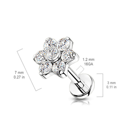 CZ Set Flower Top Implant Grade Internally Threaded Solid Flat Back Stud - G23 Implant Grade F-136 Titanium