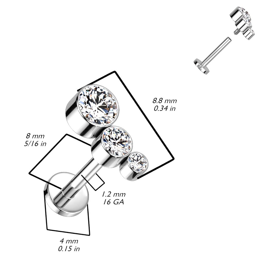 Descending Bezel Set Triple CZ Crystal Curved Internally Threaded Stud - G23 Implant Grade Titanium