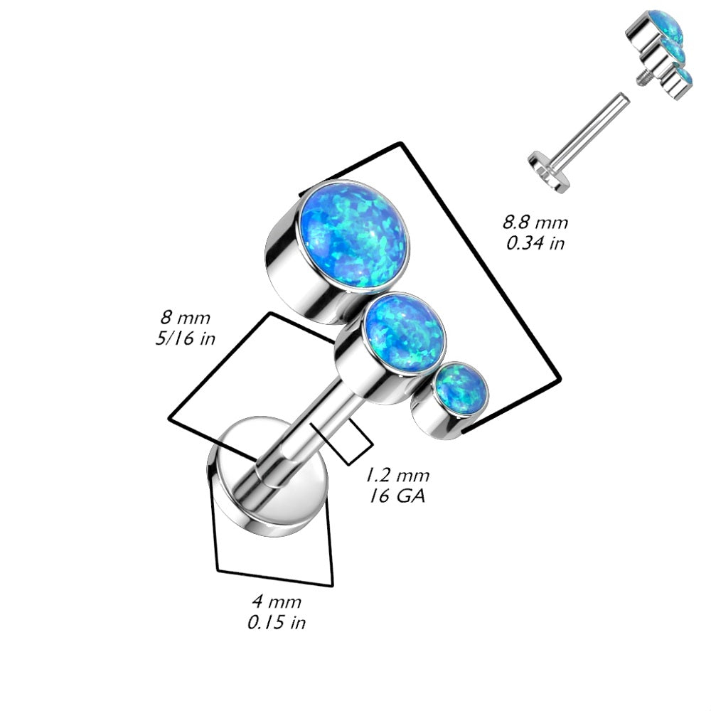 Descending Bezel Set Triple Opal Curved Internally Threaded Stud - G23 Implant Grade Titanium