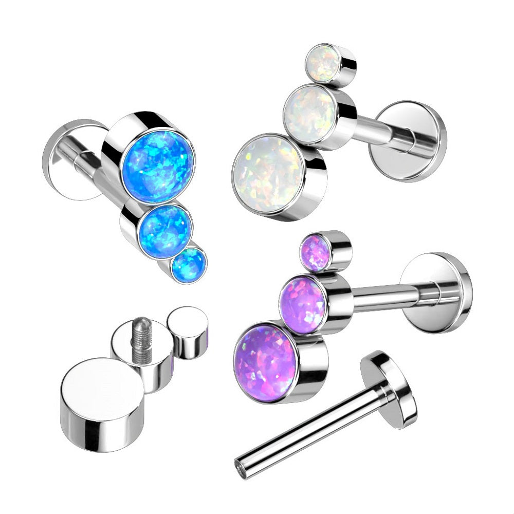 Descending Bezel Set Triple Opal Curved Internally Threaded Stud - G23 Implant Grade Titanium