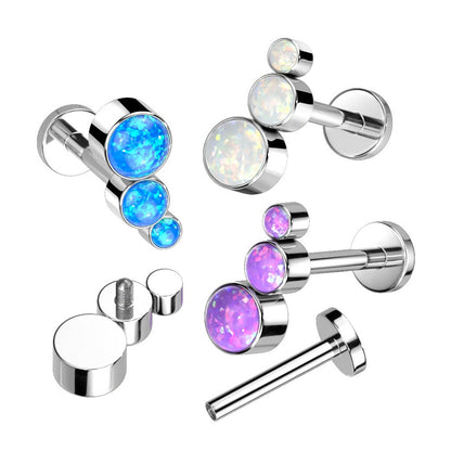 Descending Bezel Set Triple Opal Curved Internally Threaded Stud - G23 Implant Grade Titanium