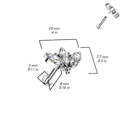 Internally Threaded CZ Crystal Marquise and Ball Cluster Stud - F136 Implant Grade Titanium
