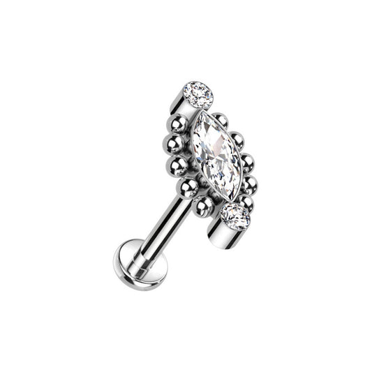 Internally Threaded Ball Outlined CZ Crystal Marquise Stud - F136 Implant Grade Titanium