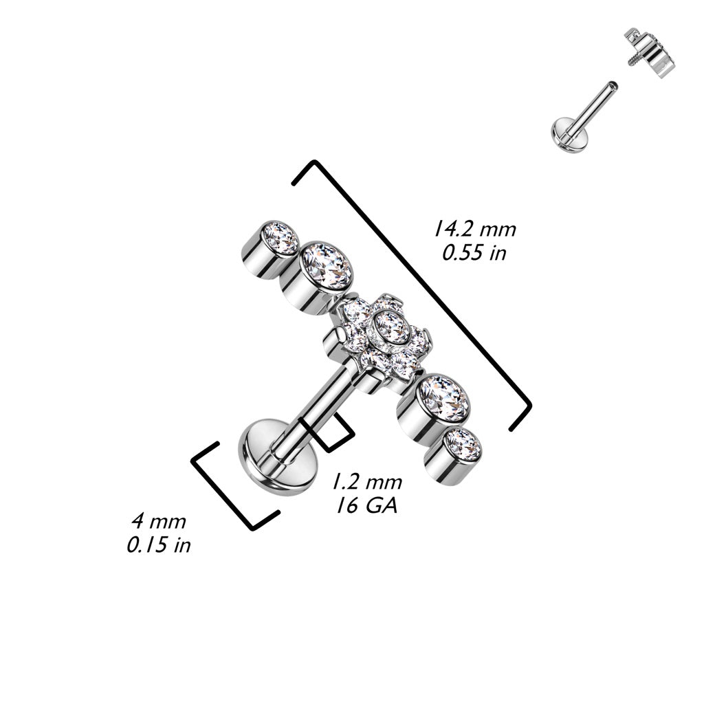 Internally Threaded CZ Crystal Flower Crawler Flat Back Stud - F136 Implant Grade Titanium