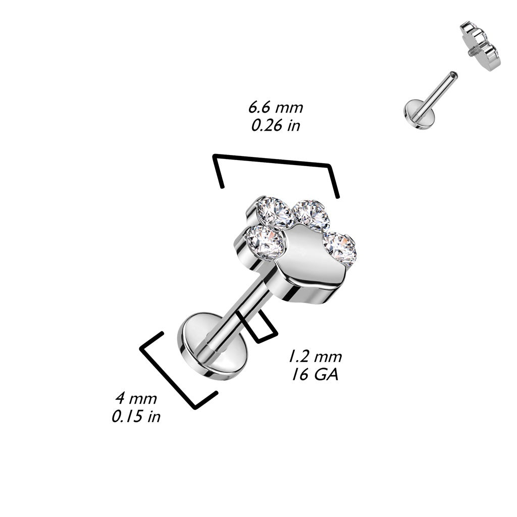 Internally Threaded CZ Crystal Paw Top Flat Back Stud - F136 Implant Grade Titanium