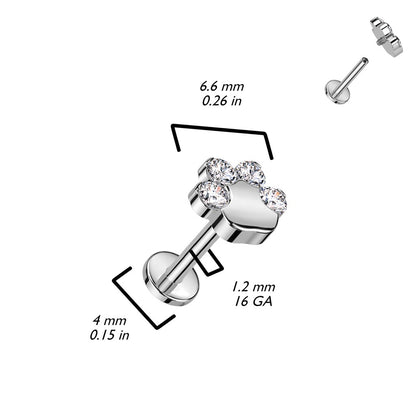 Internally Threaded CZ Crystal Paw Top Flat Back Stud - F136 Implant Grade Titanium