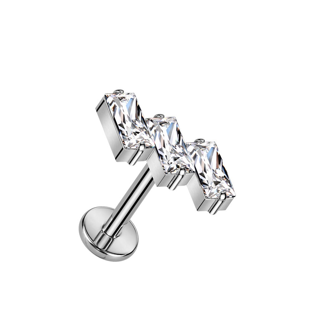 Internally Threaded Triple Slanted CZ Crystal Baguette Top Flat Back Stud - F136 Implant Grade Titanium