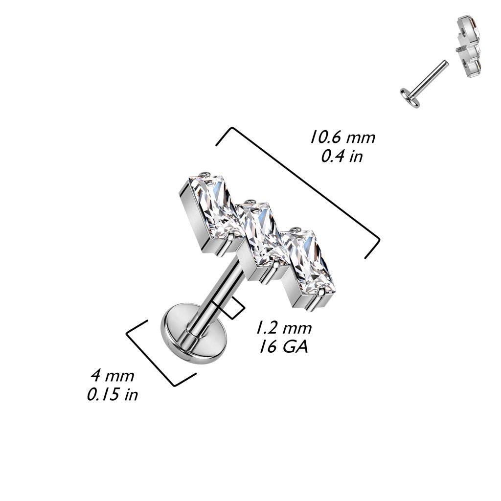 Internally Threaded Triple Slanted CZ Crystal Baguette Top Flat Back Stud - F136 Implant Grade Titanium