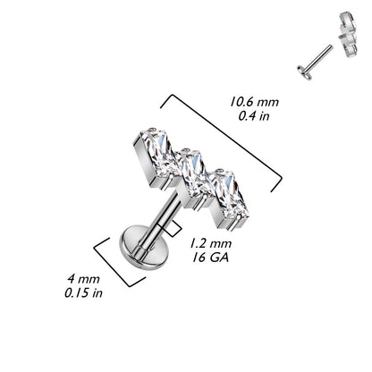 Internally Threaded Triple Slanted CZ Crystal Baguette Top Flat Back Stud - F136 Implant Grade Titanium